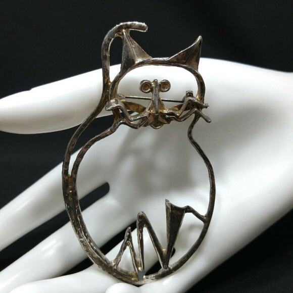 Vintage Original Cat Outline Brooch, 3 1/2 Inches, Distressed Plated Pin - Picture 3 of 10